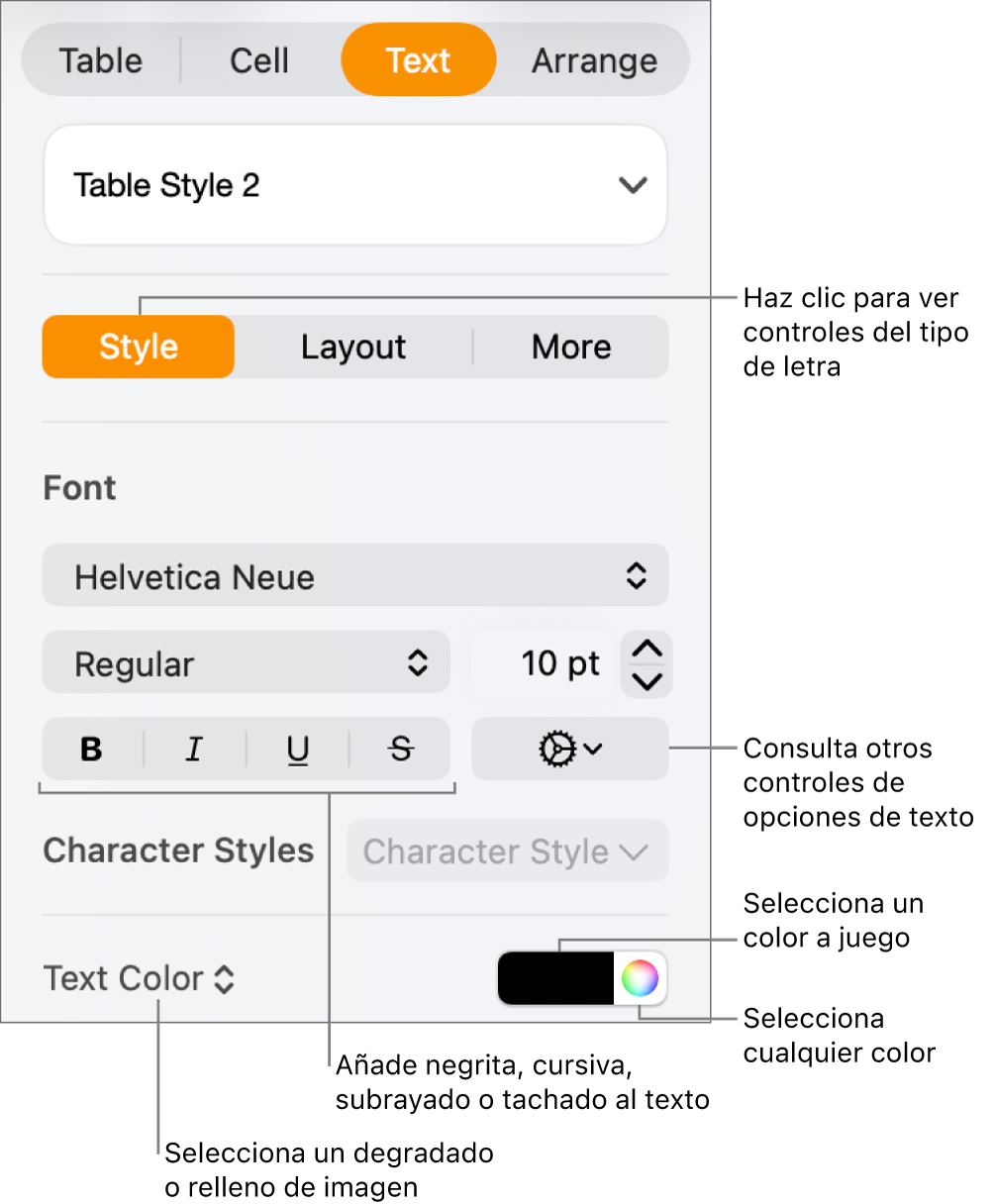 Los controles para aplicar un estilo a texto de la tabla.