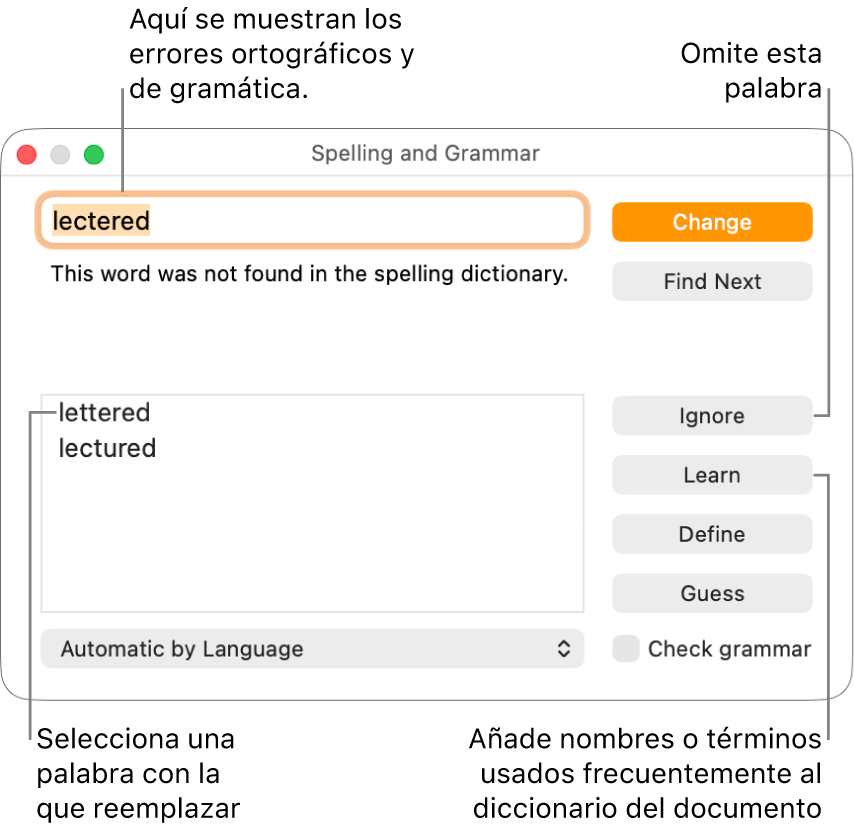 La ventana “Ortografía y gramática”.
