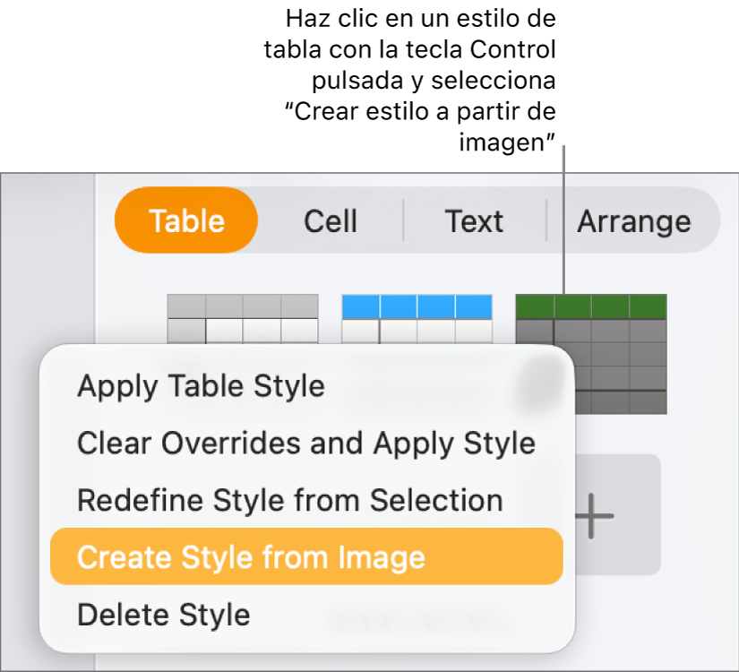 El menú de funciones rápidas de estilo de tabla.