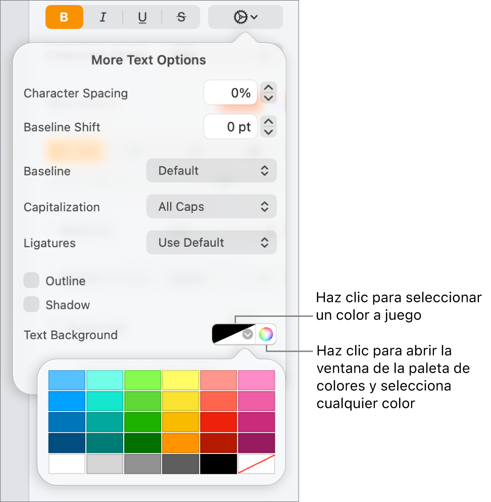 Controles para elegir un color de fondo para el texto.