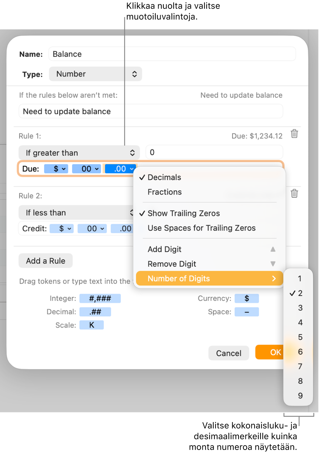 Muokatun solumuodon ikkuna, jossa on säätimiä muokattujen muotoiluvalintojen tekemiseen.