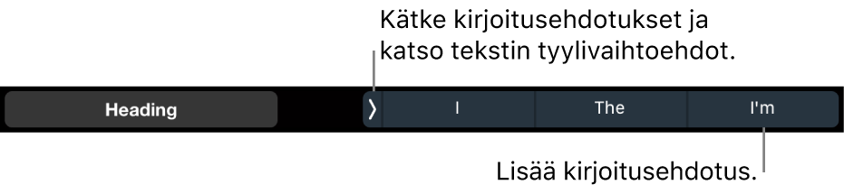 MacBook Pron Touch Bar, jossa on säätimet tekstityylin valintaan, kirjoitusehdotuksien kätkemiseen ja kirjoitusehdotuksien sijoittamiseen.
