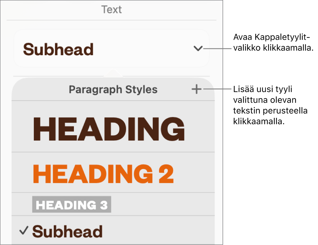 Kappaletyylit-valikko, jossa on säätimiä tyylin lisäämiseen ja muuttamiseen.