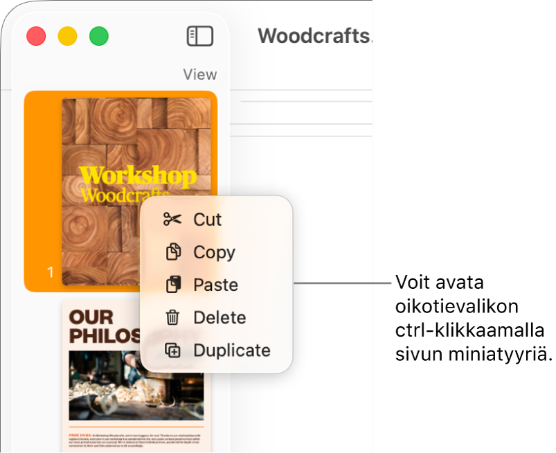 Sivujen miniatyyrinäkymä, jossa on yksi miniatyyri valittuna ja oikotievalikko avoinna.