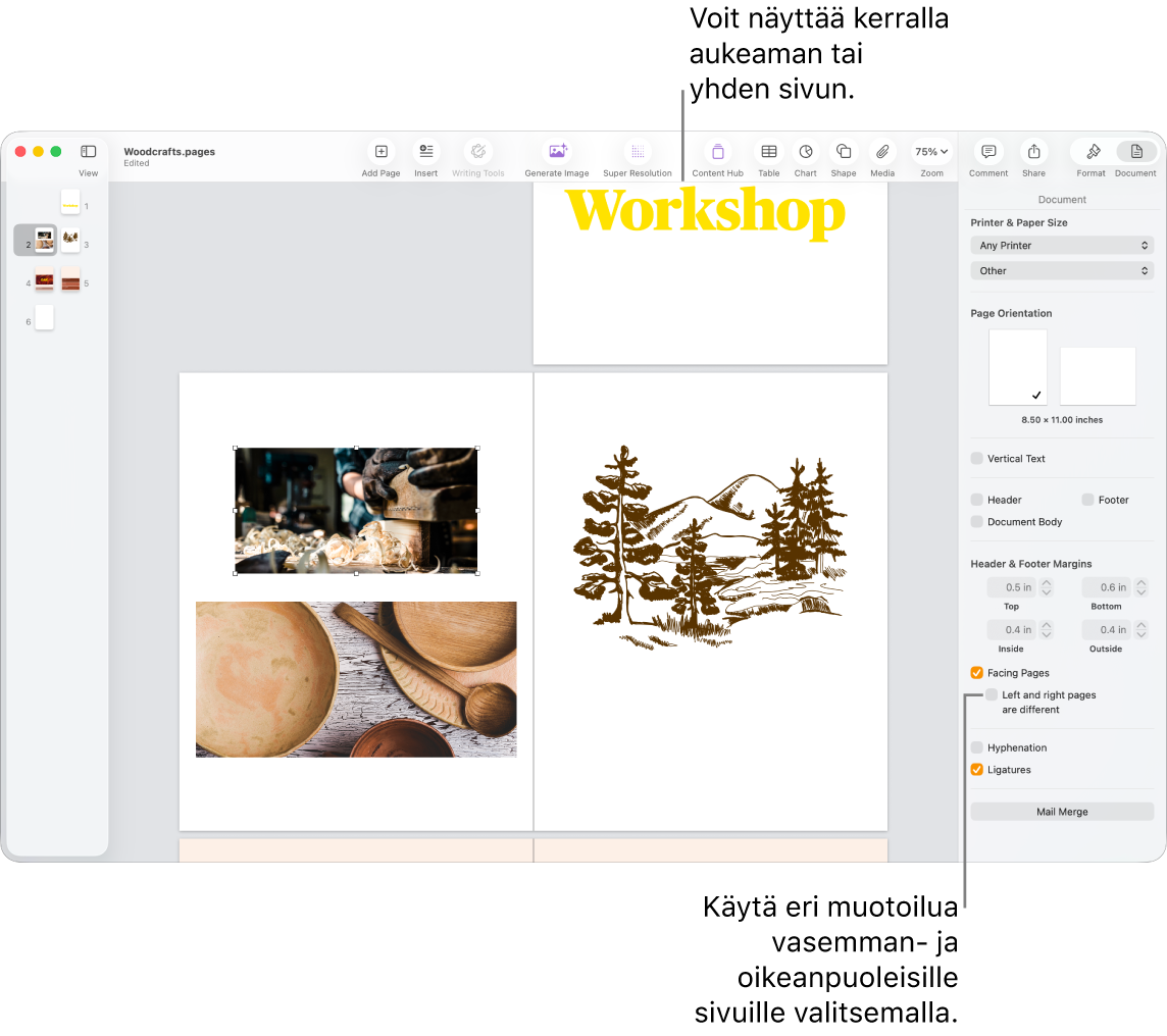 Pages-ikkuna, jossa näkyy sivujen miniatyyrit ja dokumentin sivut aukeamina. Dokumentti-sivupalkissa oikealla Vasen ja oikea sivu ovat erilaisia -valintaneliötä ei ole valittu.