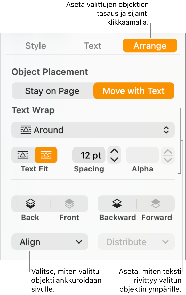 Muoto-valikko, josta näkyy Asettele-sivupalkki. Asettele-sivupalkin yläosassa ovat Objektin sijoitus ‑asetukset ja niiden alla Tekstin rivitys ‑asetukset.