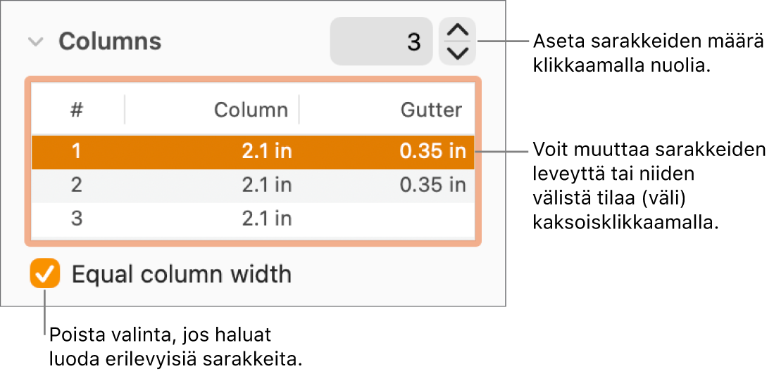 Muoto-inspektorin Asettelu-osio, jossa näkyvät sarakkeiden säätimet.