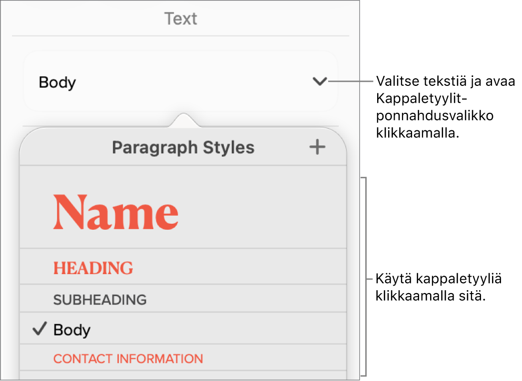 Kappaletyylit-valikko.