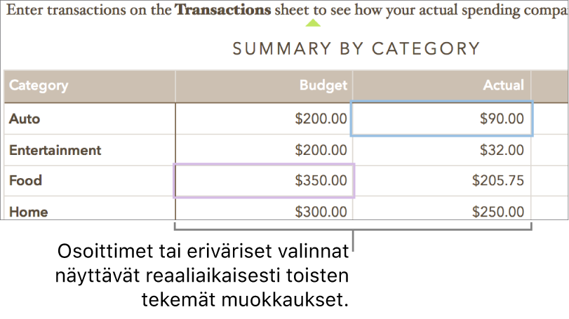 Erivärisiä kohdistimia ja valintoja näkyy kohdissa, joita eri käyttäjät parhaillaan muokkaavat.