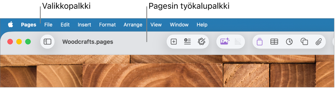 Näytön yläosassa on valikkorivi, jossa on Omena-, Pages-, Arkisto-, Muokkaa-, Lisää-, Muoto-, Järjestä-, Näytä-, Jako-, Ikkuna- ja Ohje-valikot. Valikkorivin alla on avoin Pages-dokumentti, jonka yläosassa on seuraavat työkalupalkin painikkeet: Näytä, Zoomaa, Lisää sivu, Lisää, Taulukko, Kaavio, Teksti, Kuvio, Media ja Kommentti.