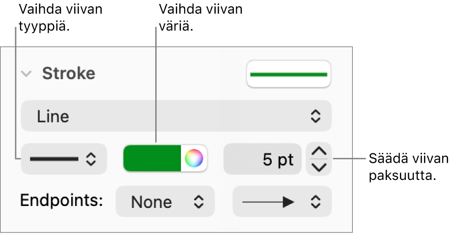 Viivasäätimet päätepisteiden, paksuuden ja värin asettamiseen.