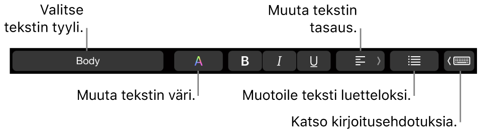 MacBook Pron Touch Barissa on säätimet tekstityylin valintaan, tekstin värin ja asettelun muuttamiseen, tekstin muotoiluun luettelona ja kirjoitusehdotukset näkyvissä.