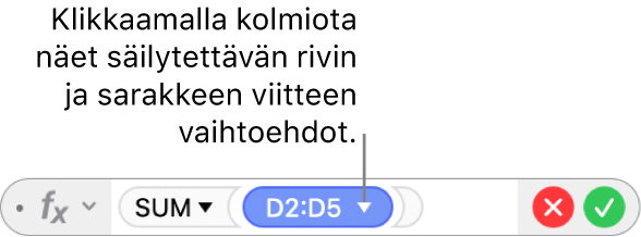 Kaavan muokkaaja ja kolmio, jota klikkaamalla avataan valinnat rivi- tai sarakeviittausten säilyttämiselle.