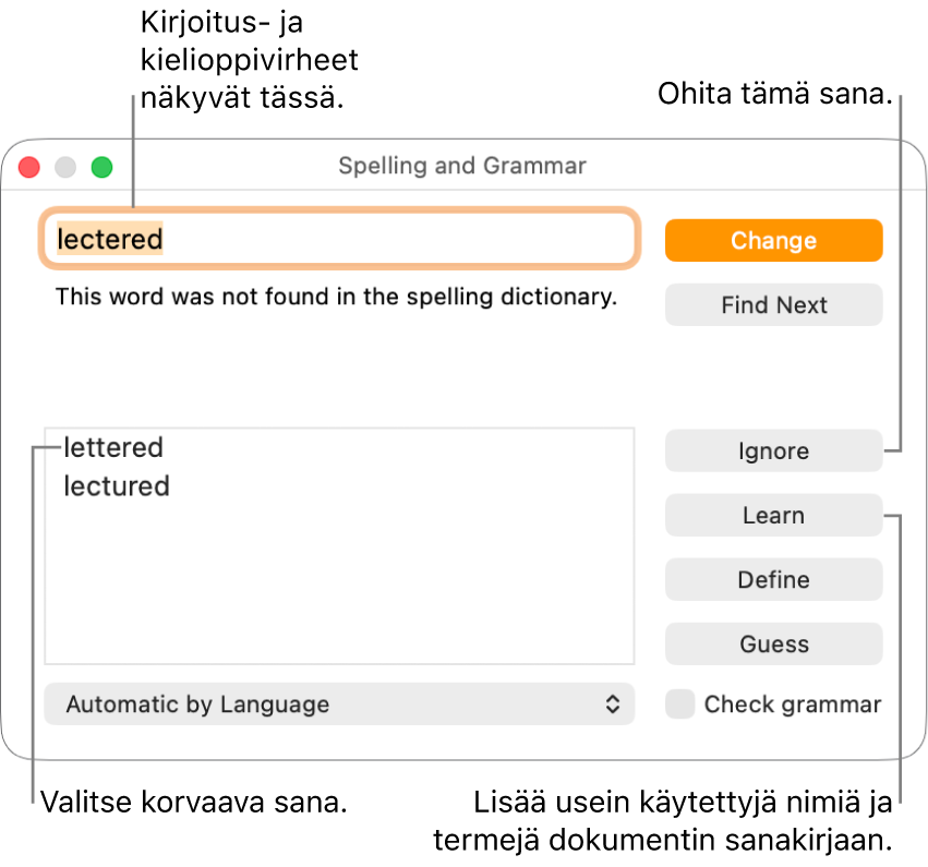 Oikeinkirjoitus ja kielioppi -ikkuna.
