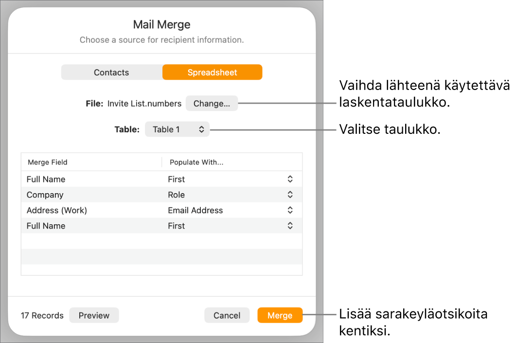 Yhdistämiskenttien esikatselu -näkymä avoinna, ja näkyvillä on valinnat lähdetiedoston tai -taulukon muuttamiseen, yhdistämiskenttien nimien esikatseluun tai sarakkeiden otsakkeiden lisäämiseen kenttinä.