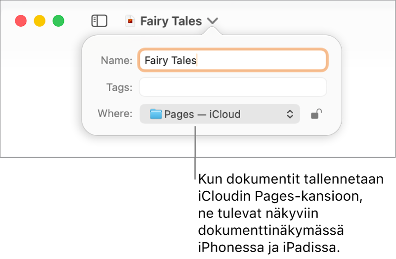 Tallenna-valintaikkuna dokumentille, jonka Missä-ponnahdusvalikossa on Pages – iCloud.