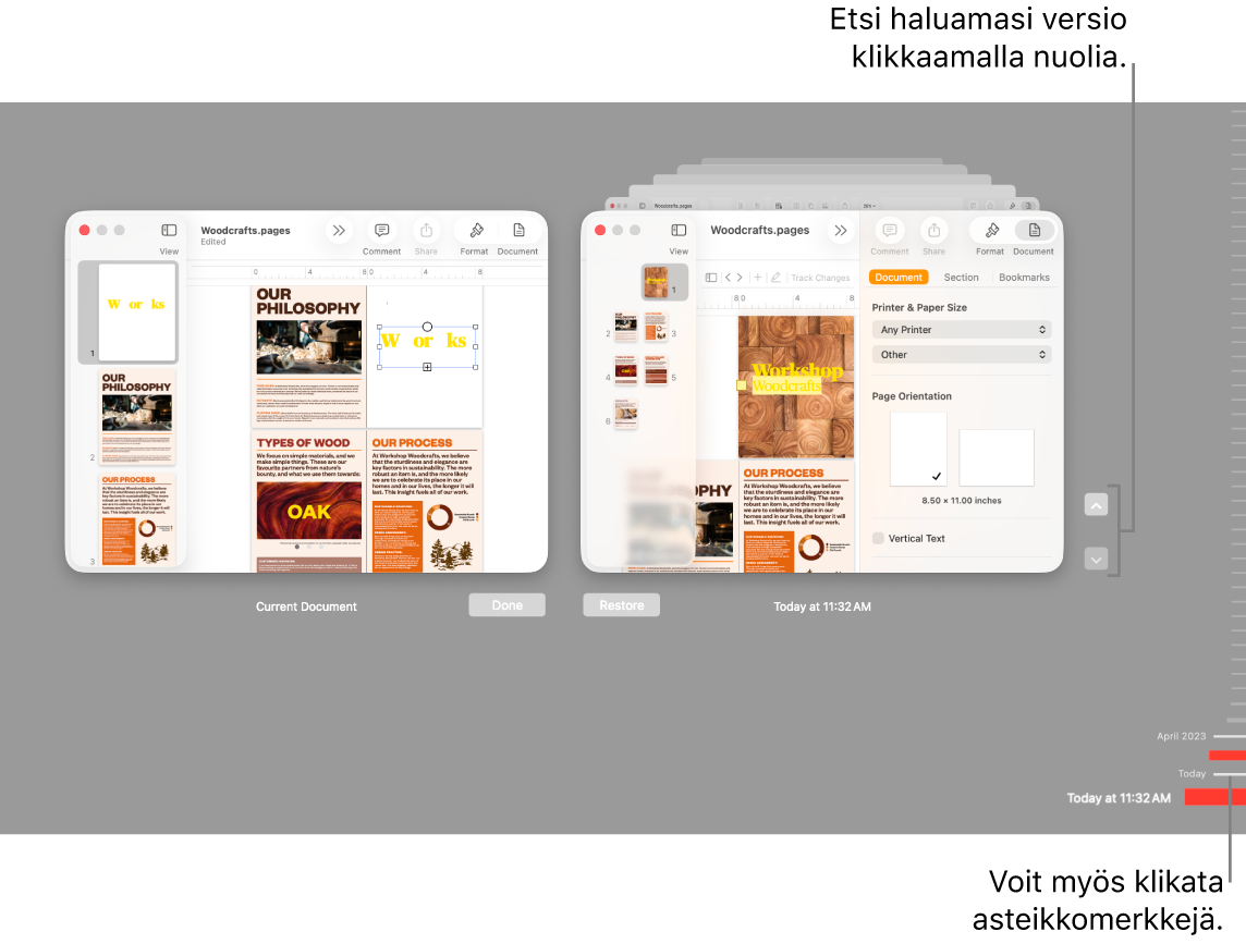 Versioiden aikajana, jossa näkyy nykyinen dokumentti vasemmalla ja aiempi versio oikealla.