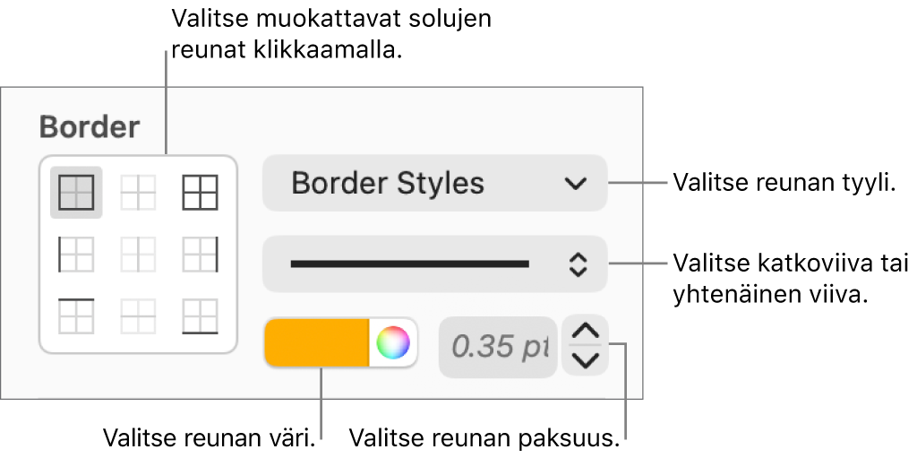 Säätimet solun reunojen tyylin asettamista varten.