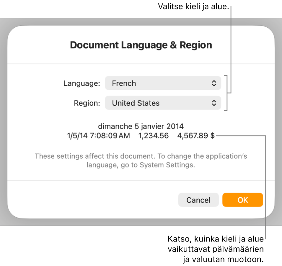 Kieli ja alue -osio, jossa näkyvät kielen ja alueen säätimet sekä muotoesimerkki päivämäärälle, kellonajalle, desimaaliluvulle ja valuutalle.