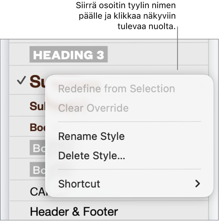 Kappaletyylit-valikko, jossa on oikotievalikko avoinna.