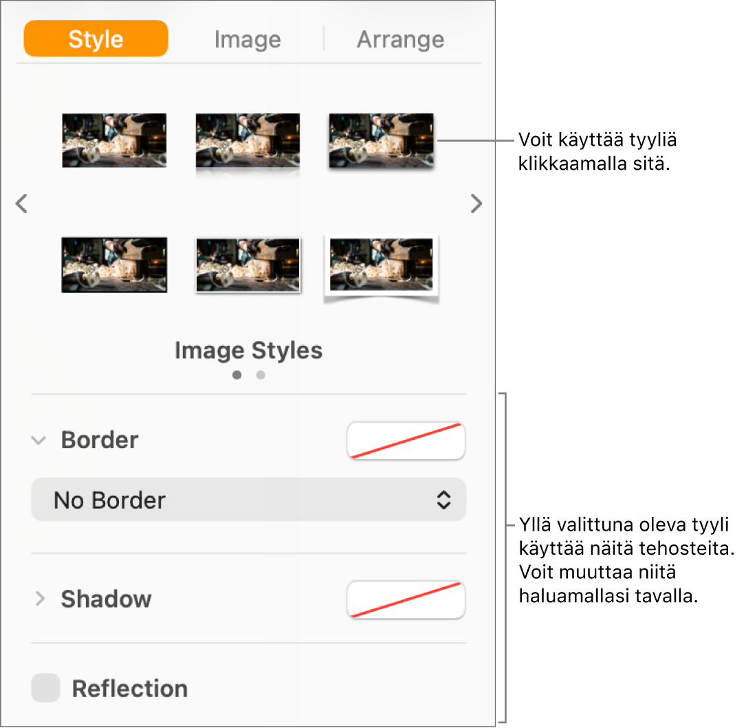 Muoto-sivupalkin Tyyli-välilehti, jossa näkyy objektin tyylivalintoja.