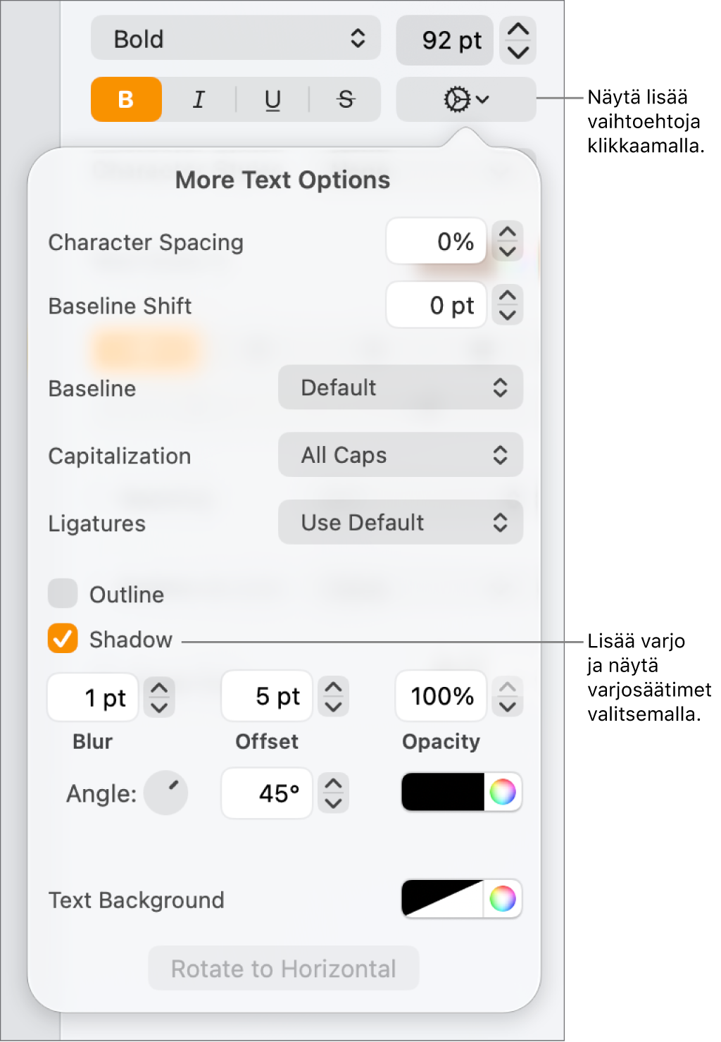 Avoinna on Lisävalinnat-valikko, jossa on valittuna Varjot-valintaneliö sekä sumennuksen, välin, peittävyyden, kulman ja värin asetukset.
