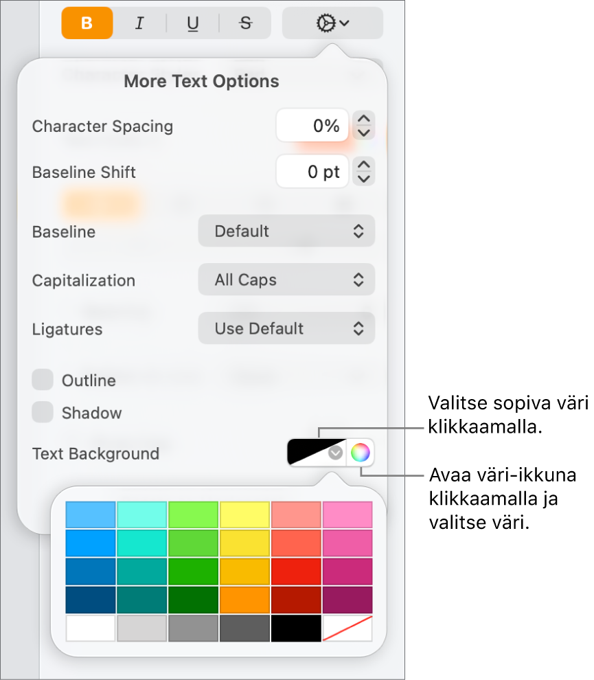Tekstin taustavärin valinnan säätimet.