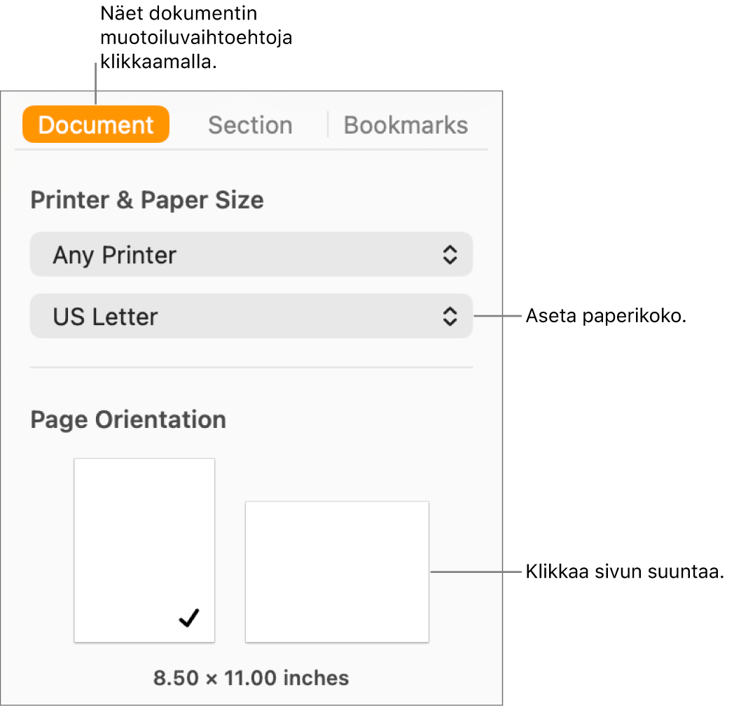 Dokumentti-sivupalkki ja Dokumentti-välilehti valittuna sivupalkin yläreunassa. Sivupalkissa on ponnahdusvalikko paperikoon ja painikkeet pysty- ja vaakasuunnan asettamista varten.
