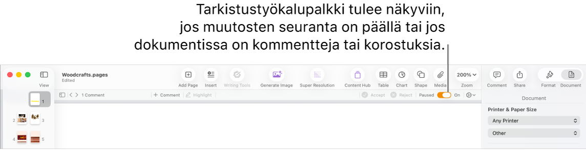 Pages-työkalupalkki, jossa on muutosten seuranta päällä, ja Pages-työkalupalkin alla tarkistustyökalupalkki.