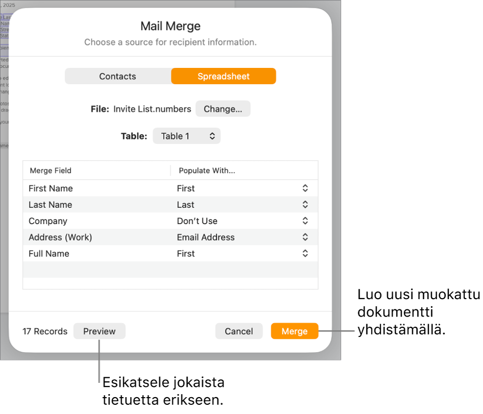 Yhdistäminen-osio avoinna, näkyvillä valinnat lähdetiedoston tai -taulukon muuttamiseen, yhdistämiskenttien nimien tai yksittäisten tietueiden esikatseluun tai dokumentin yhdistämiseen.