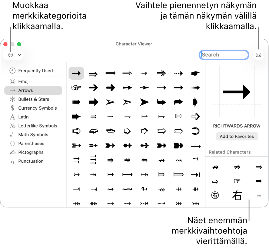 Laajennetussa Merkit-ikkunassa näkyy erikoismerkkejä ja symboleita, erilaisten symbolikategorioiden valikko vasemmalla ja oikeassa yläkulmassa oleva painike, jolla voidaan palata pienennettyyn näkymään.
