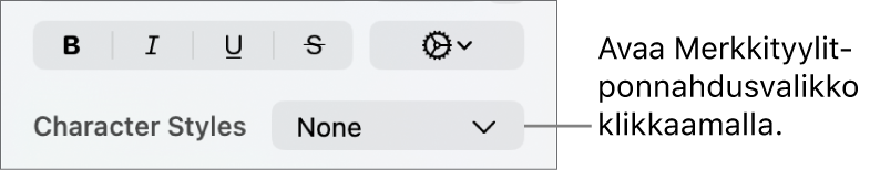 Merkkityylit-ponnahdusvalikko tekstin tyylin ja värin muuttamisen säätimien alla.