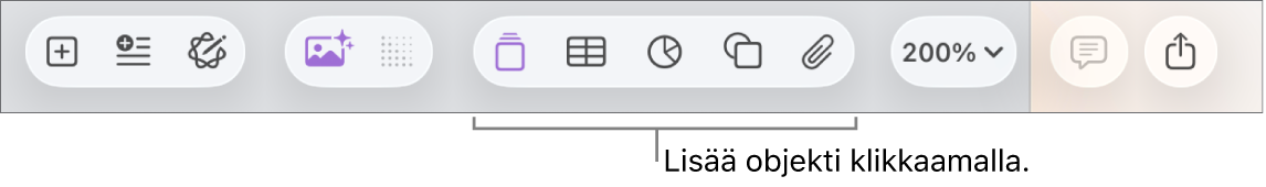 Työkalupalkki, jossa on painikkeita taulukoiden, kaavioiden, tekstin, kuvioiden ja median lisäämiseen.