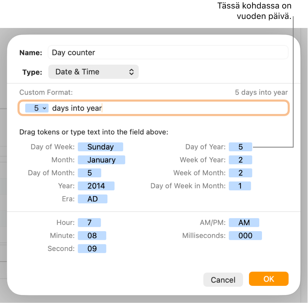 Muokatun solumuodon ikkuna, jossa on säätimiä muokattujen päivä- ja aikamuotojen valitsemiseen.