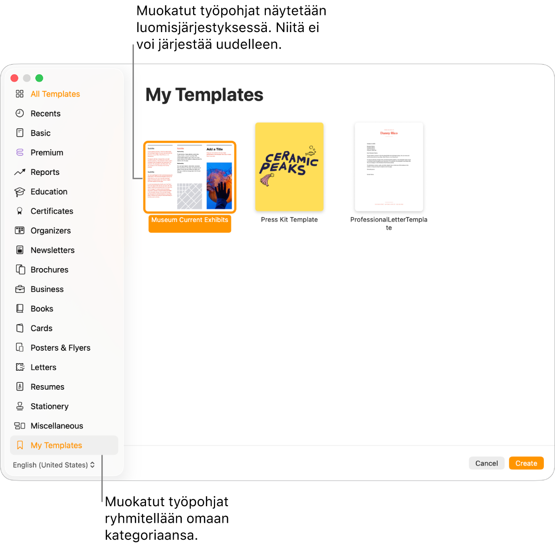 Työpohjavalitsin, jossa on ”Omat työpohjat” viimeisenä kategoriana vasemmalla. Muokattuja työpohjia näytetään siinä järjestyksessä, missä ne on luotu, ja järjestystä ei voida muuttaa.