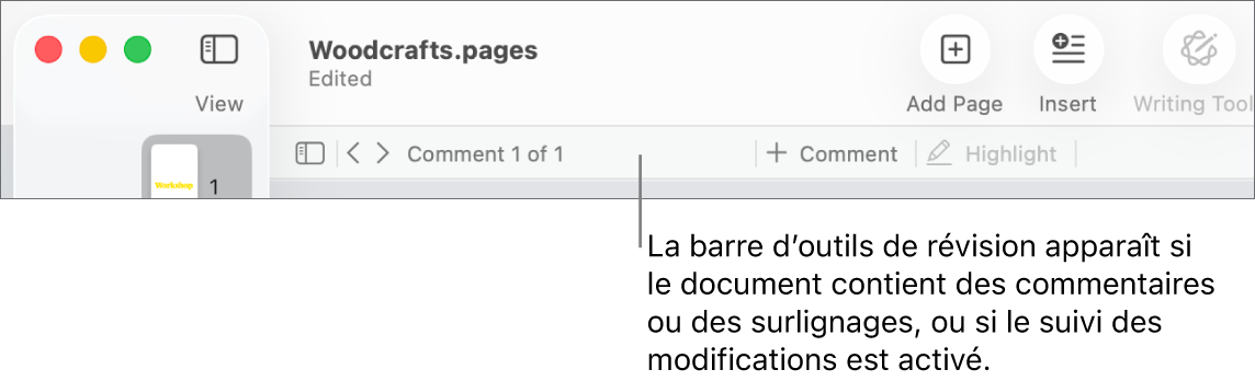 Barre d’outils de Pages en haut de l’écran avec tout le long du bord supérieur les boutons Présentation, Zoom, Ajouter une page, Insérer, Tableau, Graphique, Texte, Forme, Multimédia et Commentaire. Sous la barre d’outils de Pages se trouve la barre d’outils de révision avec un bouton pour afficher ou masquer les commentaires, des flèches pour se rendre au commentaire précédent ou suivant, le nombre total de commentaires et des boutons pour commenter ou surligner.