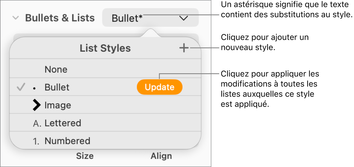Menu contextuel Styles de liste avec un astérisque indiquant une substitution et des légendes pour le bouton Nouveau style, et un sous-menu d’options de gestion des styles.