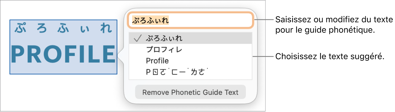Le guide phonétique ouvert pour un mot, accompagné de légendes traitant du champ de texte et du texte suggéré.
