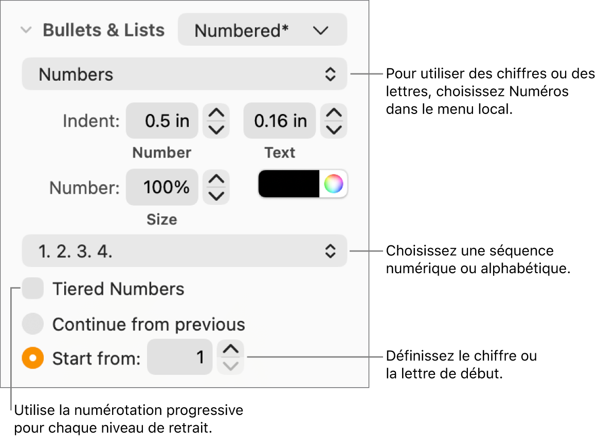 Commandes de modification du style de numérotation et de l’espacement d’une liste.