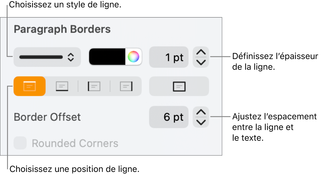 Commandes permettant de modifier le style, l’épaisseur, la position et la couleur de la ligne.