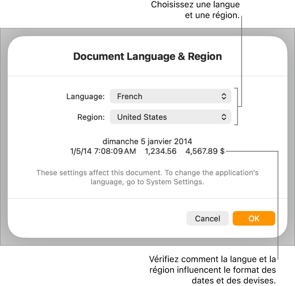 Sous-fenêtre Langue et région avec les commandes pour la langue et la région, et un exemple du format qui comprend la date, l’heure, les décimales et la devise.