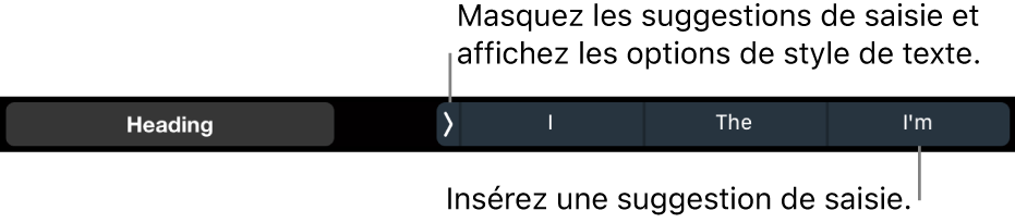 La Touch Bar du MacBook Pro avec les commandes pour choisir un style de texte et masquer ou insérer les suggestions de frappe.