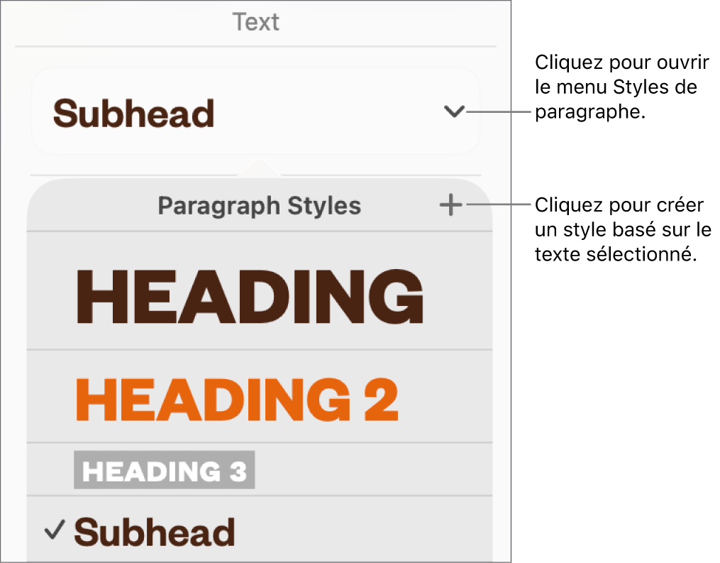 Le menu Styles de paragraphe, affichant des commandes pour ajouter ou modifier un style.