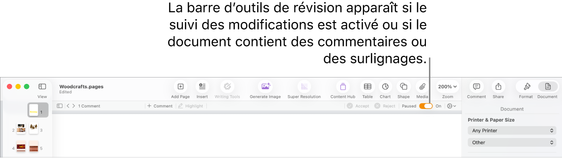 La barre d’outils de Pages avec le suivi des modifications activé et la barre d’outils de révision en dessous.