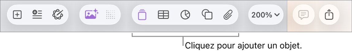 La barre d’outils avec des boutons permettant d’ajouter des tableaux, des graphiques, des zones de texte, des formes et du contenu multimédia.