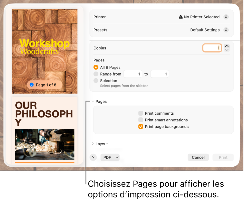 Zone de dialogue Imprimer avec les commandes pour l’imprimante, les préréglages, le nombre de copies et la plage de pages. Au-dessus de cases à cocher pour l’impression des commentaires, des annotations intelligentes et des arrière-plans de pages, l’option Pages est sélectionnée dans le menu contextuel sous les réglages de plage de pages.