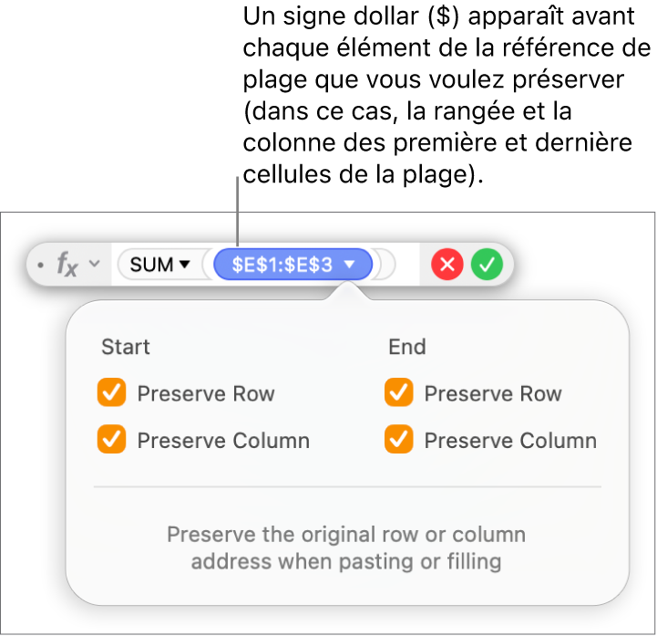 L’éditeur de formules avec les options Conserver la rangée ou Conserver la colonne sélectionnées pour une certaine plage.