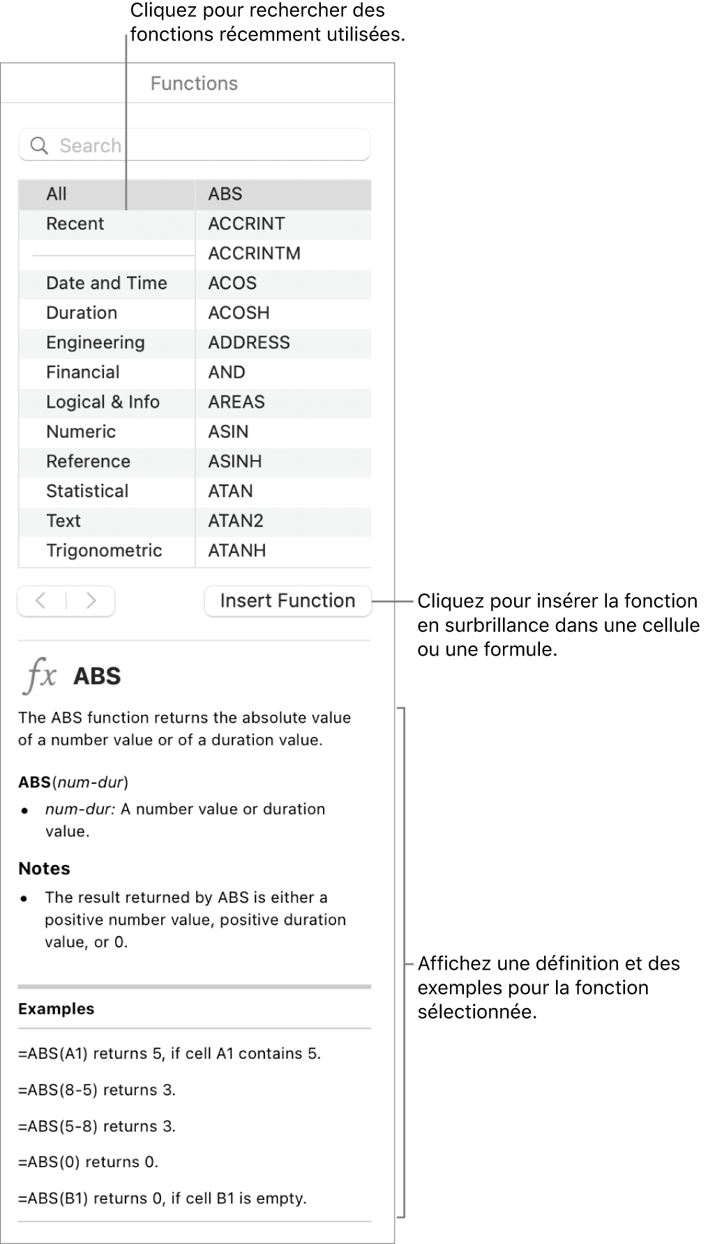 Navigateur de fonctions avec des légendes pour les fonctions récemment utilisées, le bouton Insérer la fonction et la définition de la fonction.