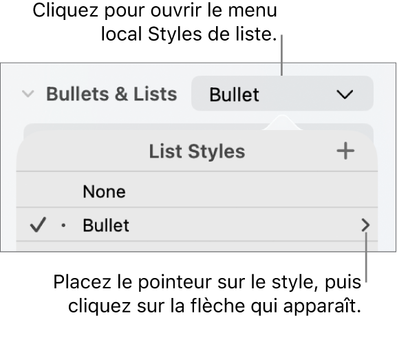 Le menu contextuel Liste des styles avec un style sélectionné et une flèche à l’extrême droite.