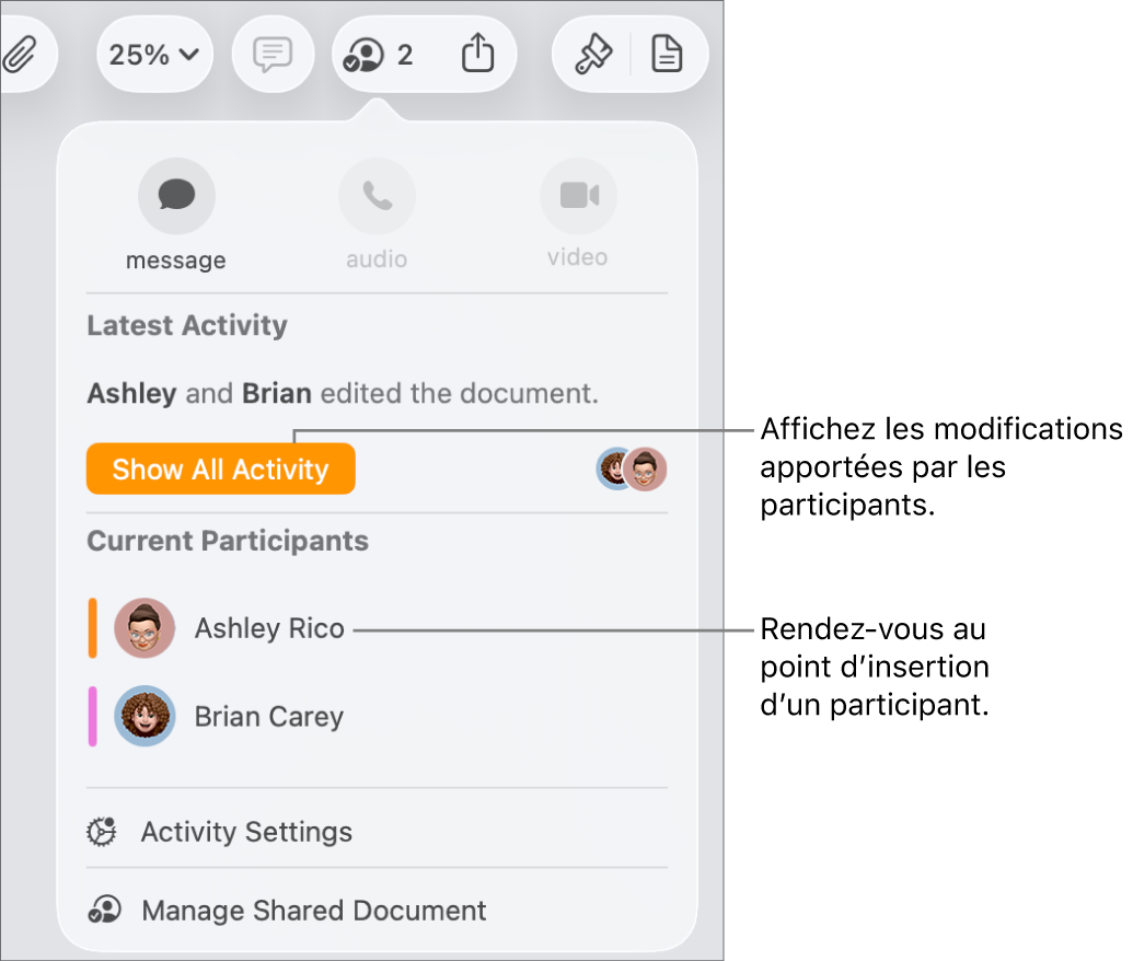 Le menu de collaboration avec deux participants actuels dans la liste.